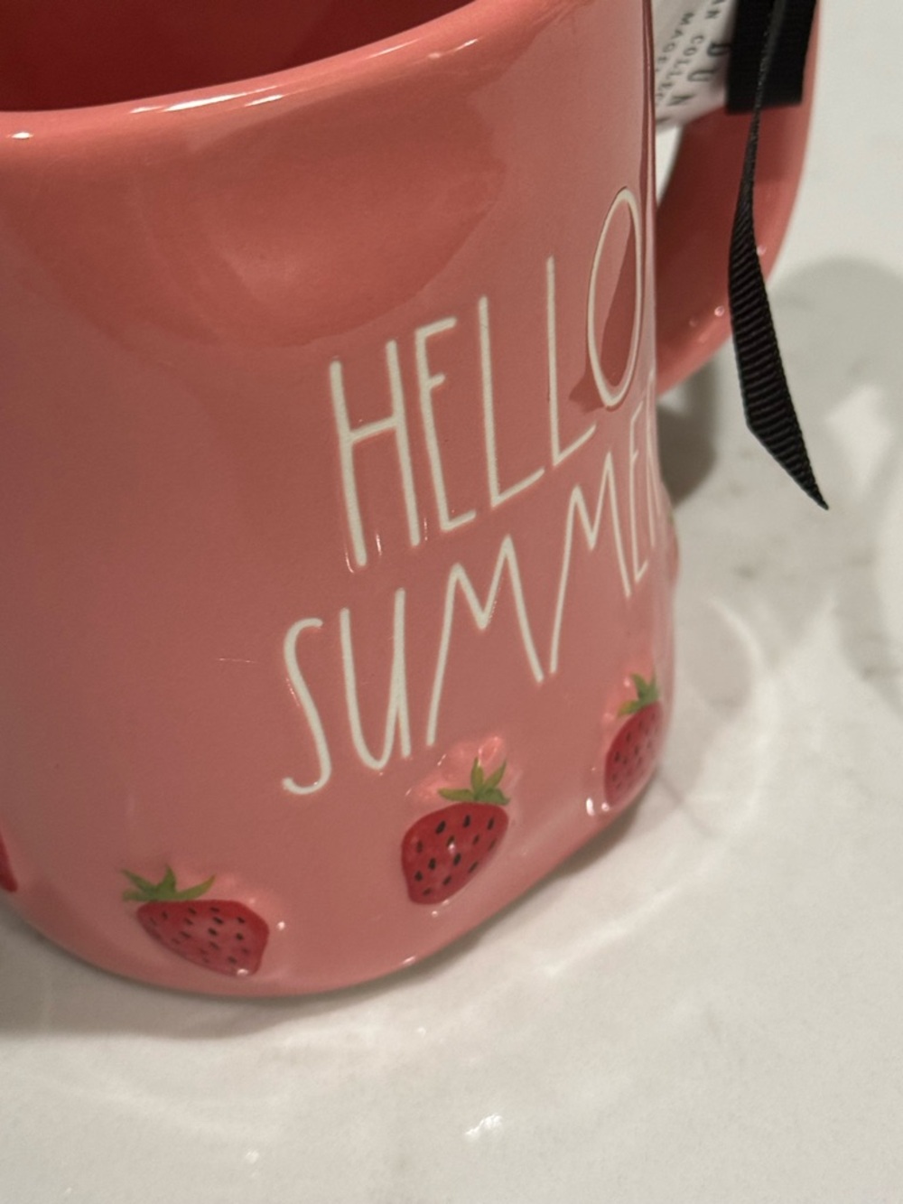 Rae Dunn light red Ceramic Mug - HELLO SUMMER- with 3D Strawberry 🍓 border - Picture 6 of 6